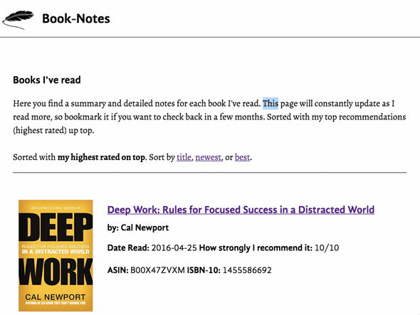 Screenshot of booknotes