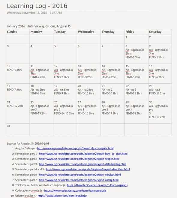 Learning calendar sample